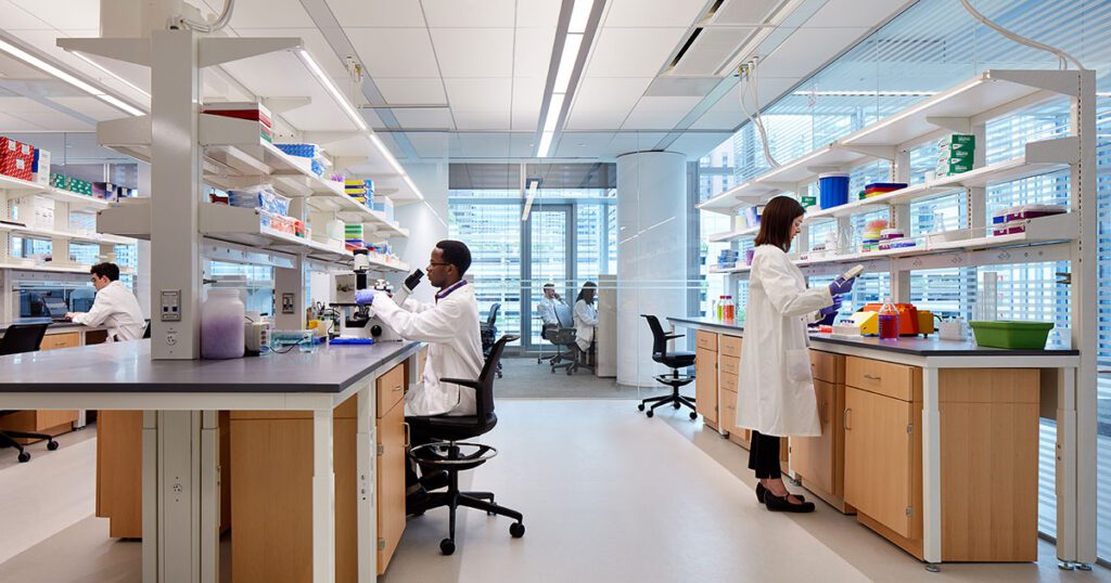 The lab plan on each floor is designed around the idea of flexible “research neighborhoods,” with the goal of creating a vibrant hub for scientists and their teams.